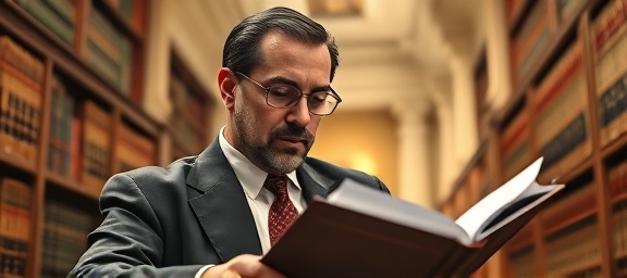 knowledgeable lawyer, determined look, reviewing legal documents, photorealistic, law library with leather-bound books and classical architecture, highly detailed, page turns, aperture f/4, warm hues, soft diffused lighting, shot with a 85mm lens.