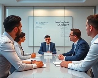 resolute martyns security, resolved expression, negotiating, photorealistic, calm conference room with privacy features, highly detailed, group of consultants, sharp clarity, pastel hues, natural lighting, shot with a 50mm lens.