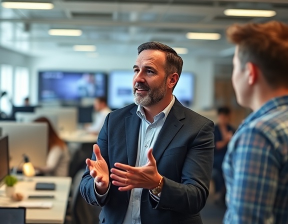 strategic advisory consultant, reflective expression, strategizing with colleagues, photorealistic, in a bustling workspace with collaborative desks, highly detailed, gesturing with hands, high definition, neutral colors, overhead lighting, shot with a 24mm lens.