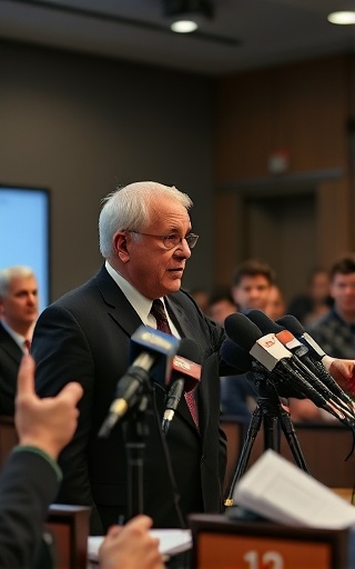 affected organizations crisis, urgent expression, addressing media, photorealistic, press conference room with microphones and cameras, highly detailed, reporters taking notes, 5K resolution, balanced color contrast, spotlight illumination, shot with a 55mm lens.