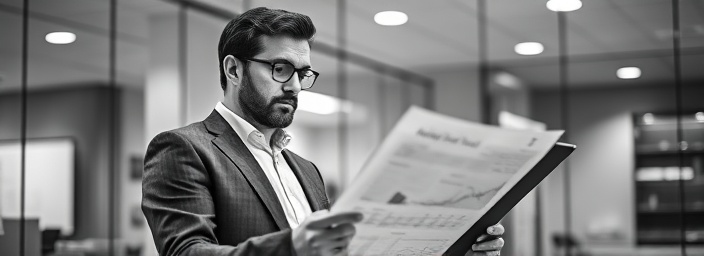 insightful advisory strategist, contemplative look, reviewing charts, photorealistic, in a sleek office with glass walls, highly detailed, flipping through pages, crisp resolution, monochrome scheme, diffused lighting, shot with an 85mm lens.