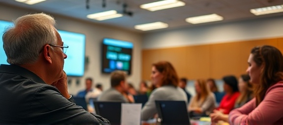 interactive compliance education, focused expression, presenting information, photorealistic, classroom with digital screens, highly detailed, group interactions, wide-angle lens, warm tones, fluorescent lighting, shot with a Nikon D850