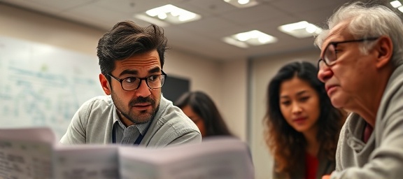 engrossing compliance session, curious expression, analyzing case studies, photorealistic, meeting room with whiteboard, highly detailed, team collaboration, macro lens, soft colors, LED ceiling lights, shot with a Fujifilm GFX 100