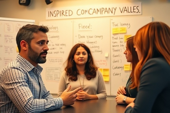 inspired company values, thoughtful expression, brainstorming session, photorealistic, collaborative workspace with whiteboards and sticky notes, highly detailed, engaging discussion, f2.8, warm tones, overhead lighting, shot with a 50mm lens.
