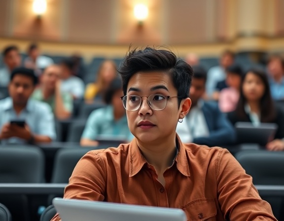 comprehensive compliance education, inquisitive expression, reviewing procedures, photorealistic, university lecture hall with tiered seating, highly detailed, peer-to-peer learning, zoom lens, pastel colors, soft focus lighting, shot with a Nikon Z7 II