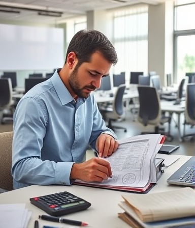 rigorous compliance audit, meticulous, checking financial records, photorealistic, in a spacious office filled with files and computers, highly detailed, red pens and calculators scattered, f/1.4, ISO 320, neutral color palette, natural window light, shot with an 85mm lens