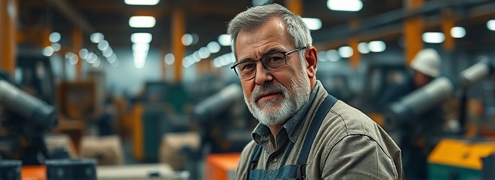 industrial toolkit governance, focused expression, crafting policies, photorealistic, amidst bustling factory setting, highly detailed, machinery and workers in background, 8k resolution, earth tones, spotlight lighting, shot with a 70mm telephoto lens