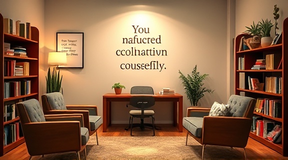 affected organizations support, nurturing expression, providing counseling, photorealistic, a quiet office space with comfortable seating, highly detailed, books and inspirational quotes around, 6K resolution, soothing color palette, warm reading light, shot with a 25mm lens.