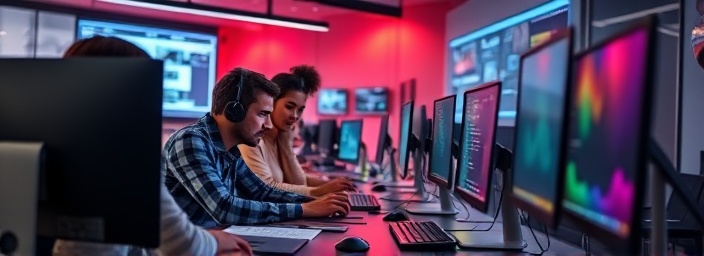 dynamic content development, energetic, coding and designing, photorealistic, tech start-up office with monitors and whiteboards, highly detailed, team working intensely, using bright hues, LED lighting, shot with a wide-angle 20mm lens.