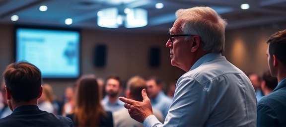 informative compliance seminar, thoughtful expression, explaining policies, photorealistic, conference hall with projector, highly detailed, speaker engaging audience, 85mm lens, cool colors, spotlight effect, shot with a Sony Alpha 7R IV