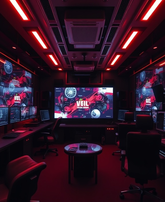 innovative company goals, creative expression, utilizing VR technology, photorealistic, tech-centric room with digital screens, highly detailed, immersive environment, 200 ISO, sharp red and black, LED ambient lighting, shot with a 16mm lens.