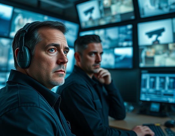serious security personnel, vigilant expression, monitoring surveillance feeds, photorealistic, high-tech control room with multiple screens and digital interfaces, highly detailed, moving camera angles, ISO 400, cool tones, ambient indoor lighting, shot with a 35mm lens.