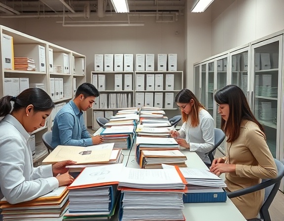 structured training materials, organized, assembling binders, photorealistic, corporate environment with shelves and cabinets, highly detailed, participants with manuals, in pastel colors, overhead lighting, shot with a 24mm lens.