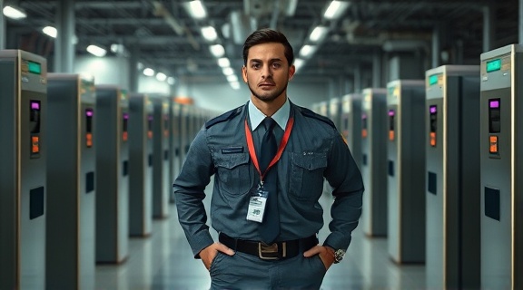 attentive security guard, alert expression, patrolling a high-security facility, photorealistic, industrial backdrop with metal detectors and ID scanners, highly detailed, footsteps echoing, ISO 200, medium contrast, spot lighting, shot with a 70-200mm lens.