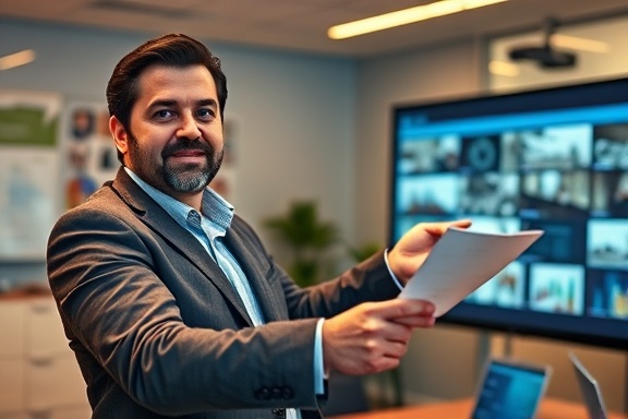 experienced advisory consultant, confident expression, presenting a report, photorealistic, in a conference room with a digital whiteboard, highly detailed, pointing at slides, sharp focus, warm hues, ambient lighting, shot with a 35mm lens.