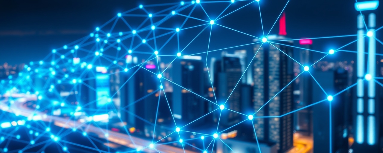 futuristic contact network, innovative, connecting through glowing lines, photorealistic, depicted as a hologram in front of a cityscape, highly detailed, dynamic flow of data, high resolution, neon blue, backlit with digital glow, shot with a wide-angle lens