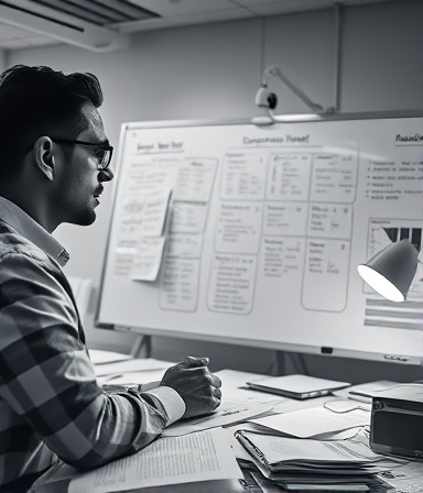 affected organizations impact, reflective expression, reviewing damage reports, photorealistic, an office with scattered papers and a large whiteboard, highly detailed, timestamps and notes everywhere, 4K resolution, monochrome scheme, soft desk lamp lighting, shot with a 40mm lens.