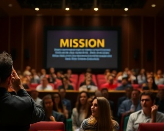 convincing mission statement, persuasive expression, presenting to an audience, photorealistic, auditorium background with attentive crowd, highly detailed, interactive presentation, 1/250s, classic black and gold, spotlight lighting, shot with a 85mm lens.