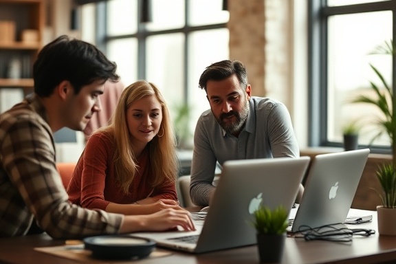 collaborative content creation, focused, brainstorming ideas, photorealistic, co-working space with laptops and digital tools, highly detailed, individuals in discussion, featuring warm tones, natural daylight, shot with a 35mm lens.