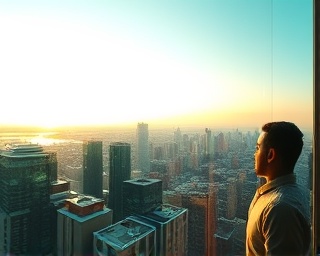 aspiring company vision, ambitious expression, looking towards the future, photorealistic, panoramic cityscape from the office window, highly detailed, expansive horizon, 100 ISO, vivid green and teal, golden hour lighting, shot with a 24mm lens.