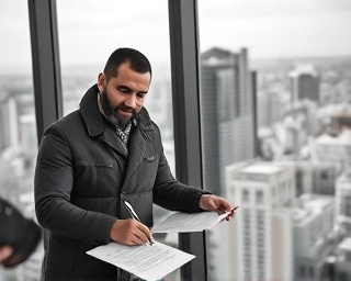 strategic corporate mission, confident expression, signing documents, photorealistic, high-rise office with city view, highly detailed, purposeful action, f4, monochrome tones, afternoon lighting, shot with a 70-200mm lens.