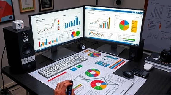 comprehensive content design, meticulous, laying out graphics, photorealistic, at a graphic designer's workstation with dual monitors, highly detailed, colorful charts and graphs present, vibrant colors, studio lighting, shot with a 70mm lens.
