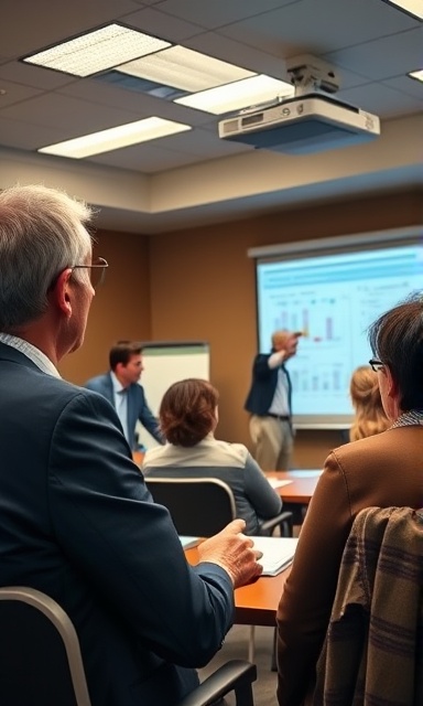 comprehensive compliance guidelines, thoughtful, discussing in a meeting room, photorealistic, in a well-lit conference room with a projector and whiteboard, highly detailed, people pointing at charts, f/4, ISO 100, warm tones, fluorescent lighting, shot with a 35mm lens