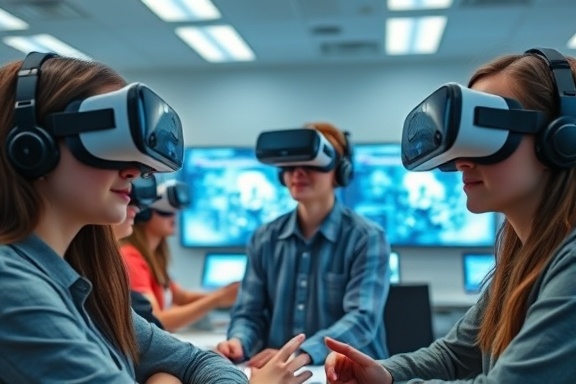interactive training content, curious, engaging in virtual reality, photorealistic, tech-savvy classroom with VR headsets and digital displays, highly detailed, students exploring, in cool colors, artificial lighting, shot with a 28mm lens.