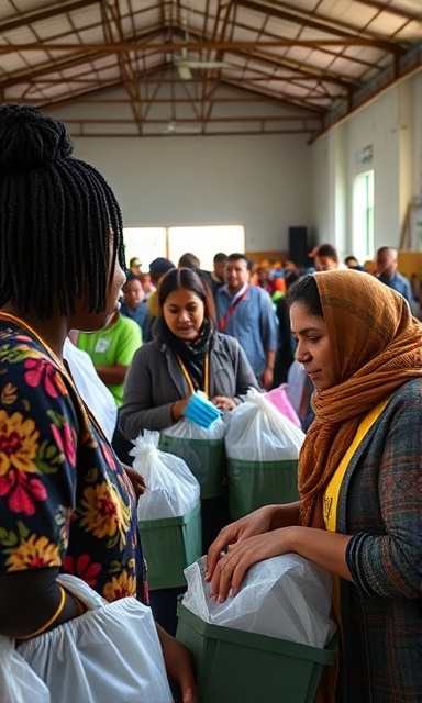 affected organizations support, compassionate expression, helping individuals, photorealistic, a community center with diverse groups of people, highly detailed, volunteers distributing supplies, 8K resolution, vivid color details, bright natural light, shot with a 28mm lens.