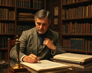 thoughtful martyns legislation, pensive expression, drafting, photorealistic, cozy library with ancient books, highly detailed, historical instruments, tactile textures, sepia tones, candlelight effect, shot with a 70-200mm lens.