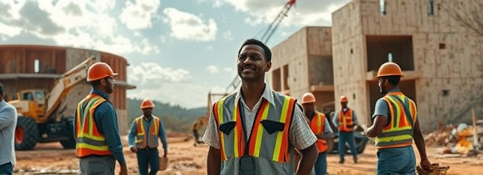 affected organizations rebuilding, hopeful expression, facilitating reconstruction, photorealistic, outdoors with partially built structures and construction machinery, highly detailed, workers in action with safety gear, 12K resolution, rich earthy tones, sunlight filtering through clouds, shot with a 35mm lens.